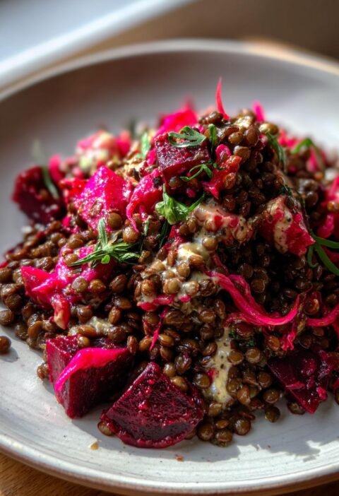 Beetroot and lentil warm salad with mustard dressing