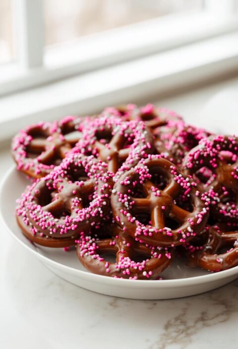 Chocolate dipped pretzels with pink sprinkles