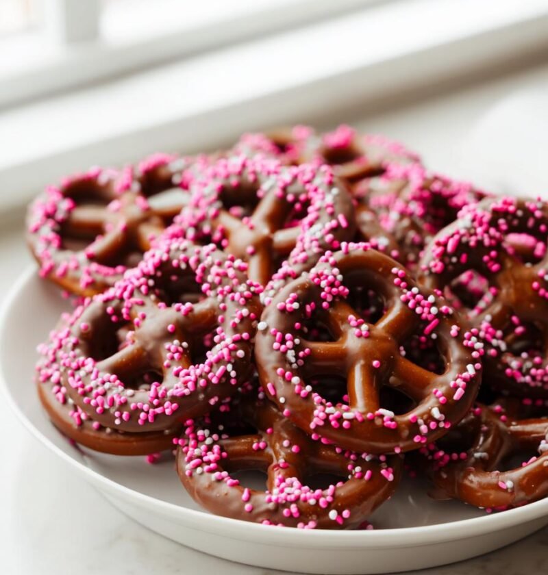 Chocolate dipped pretzels with pink sprinkles