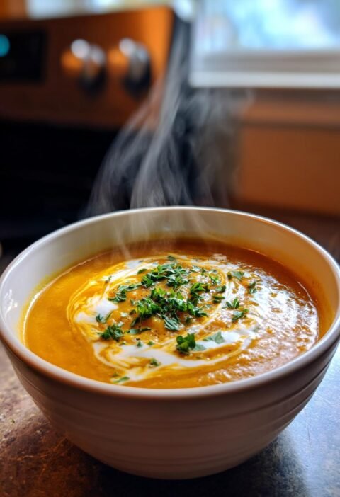 Creamy butternut squash and red lentil soup