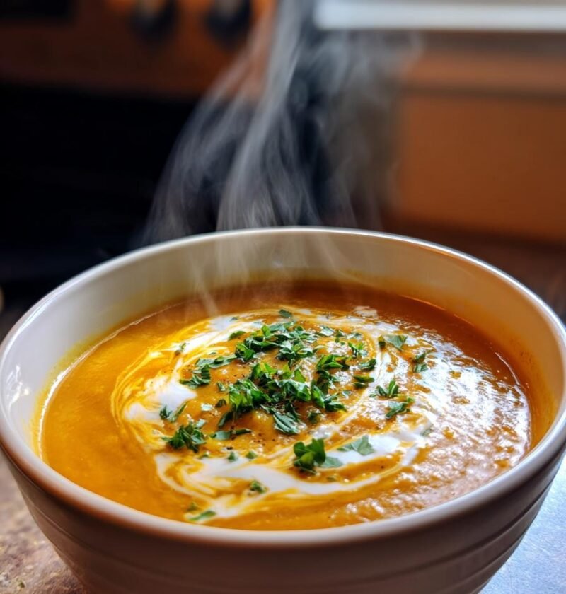 Creamy butternut squash and red lentil soup