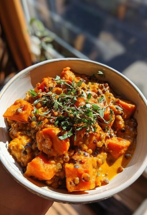 Creamy sweet potato and red lentil curry