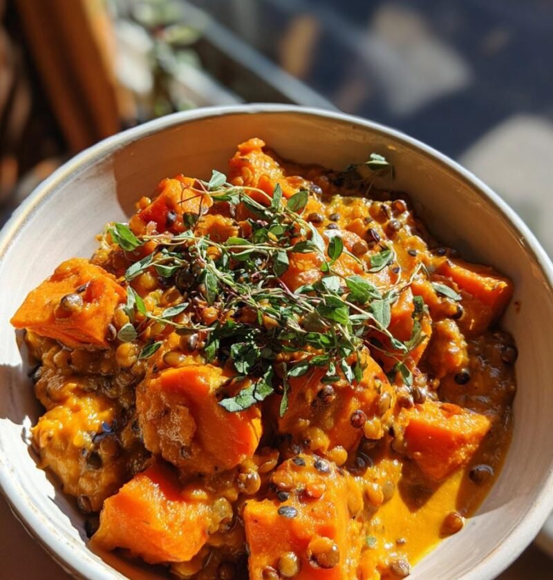 Creamy sweet potato and red lentil curry