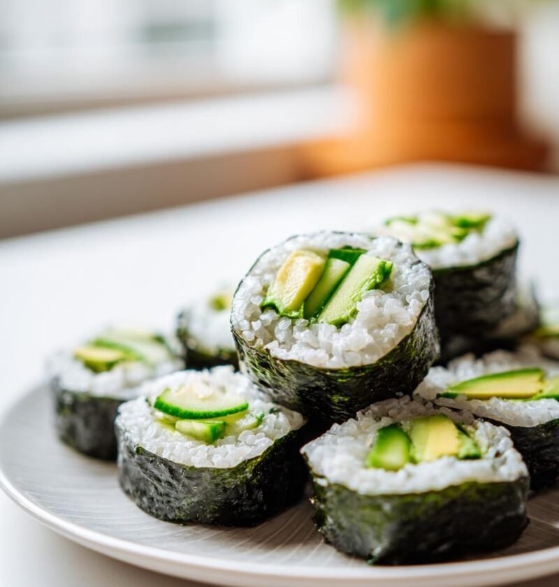 Cucumber, avocado, and seaweed sushi rolls