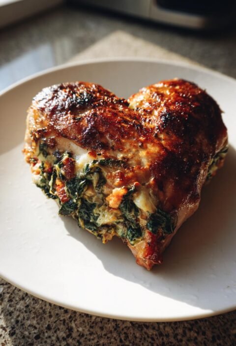 Heart-shaped stuffed chicken breast