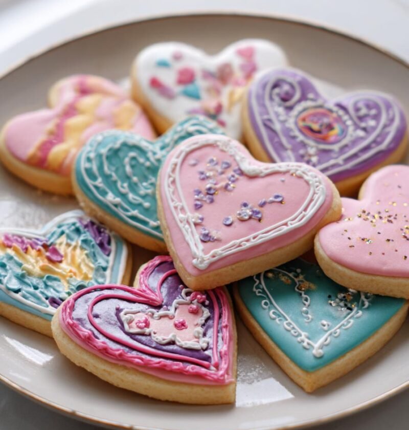 Heart shaped sugar cookies with royal icing