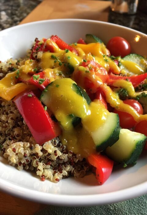 Rainbow vegetable quinoa bowl with lemon vinaigrette