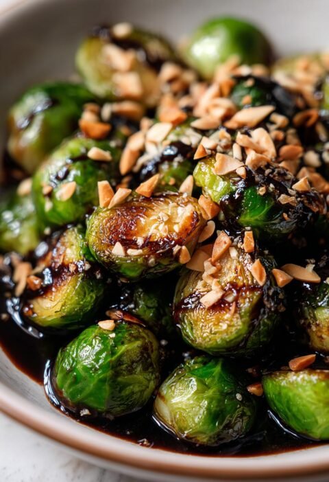Roasted Brussels sprouts with balsamic glaze and almonds