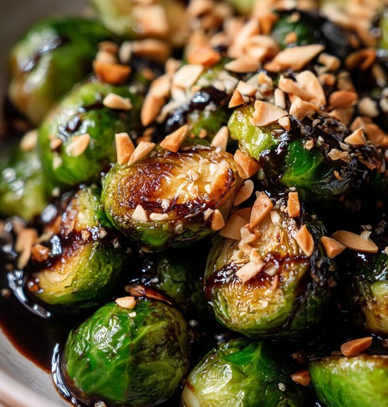 Roasted Brussels sprouts with balsamic glaze and almonds