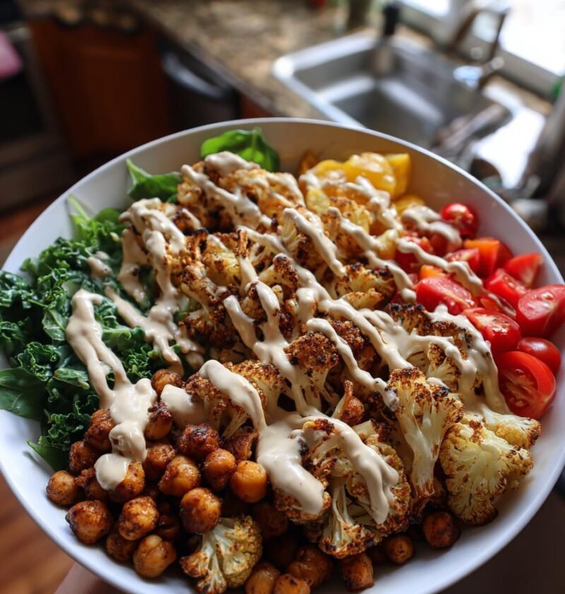 Roasted cauliflower and chickpea shawarma bowls with tahini drizzle