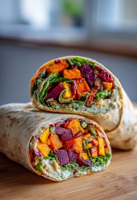 Roasted root vegetable and hummus wraps