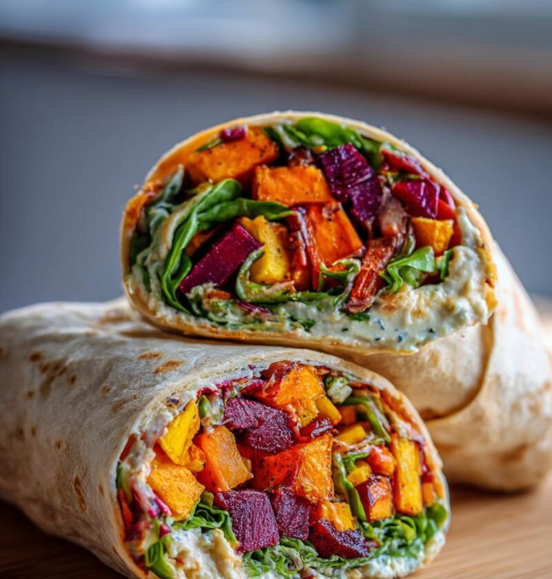 Roasted root vegetable and hummus wraps