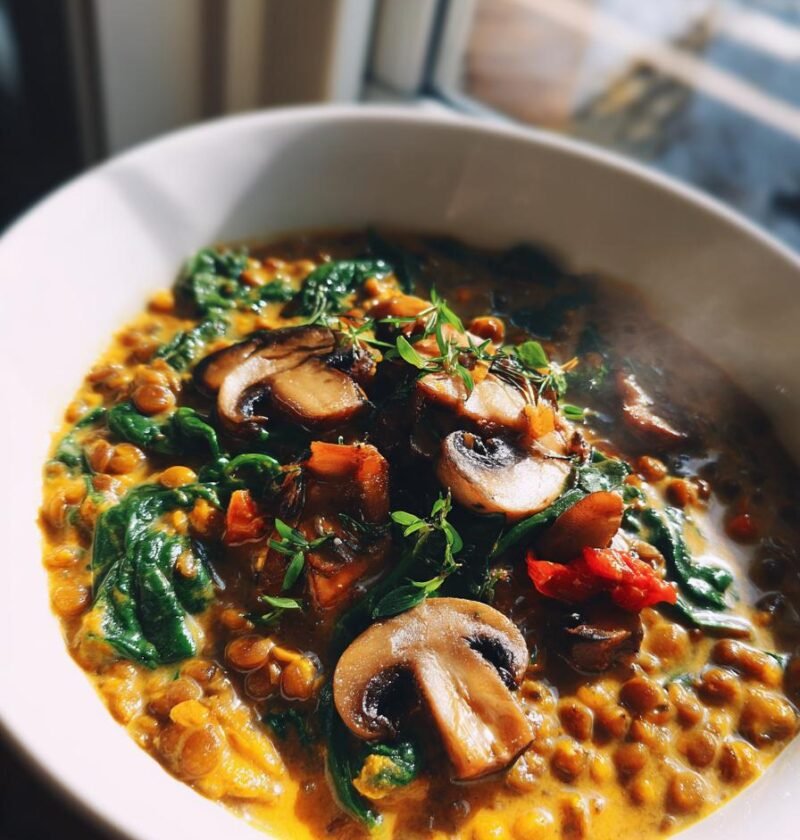 Spinach and mushroom lentil curry with coconut milk
