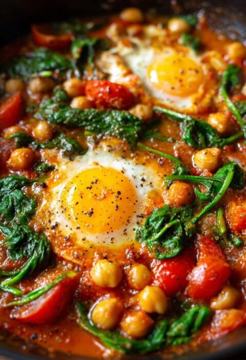 Spinach, tomato, and chickpea shakshuka