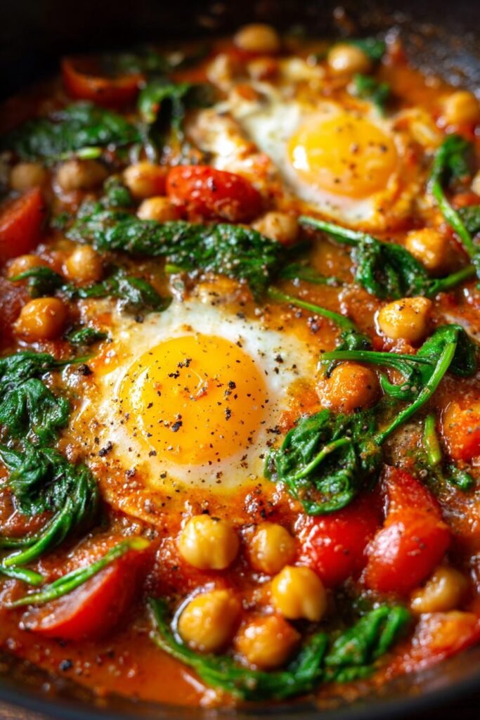 Spinach, tomato, and chickpea shakshuka
