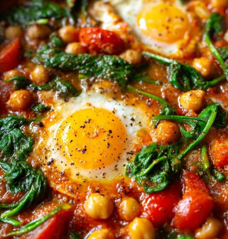 Spinach, tomato, and chickpea shakshuka