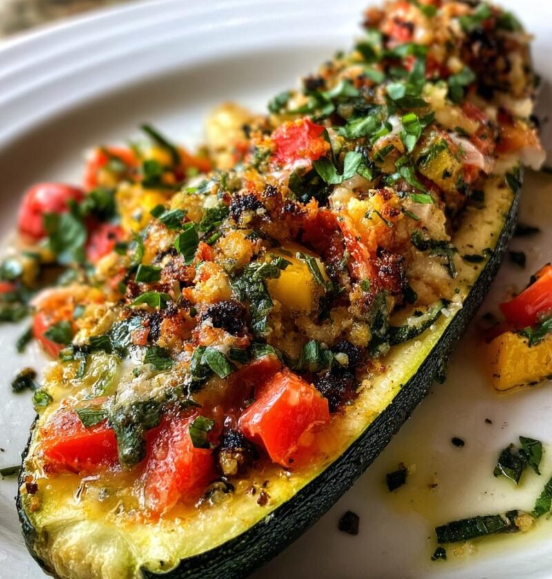 Stuffed zucchini boats with herbs and vegetables
