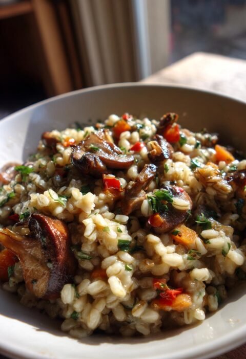 Vegetable barley risotto with mushrooms
