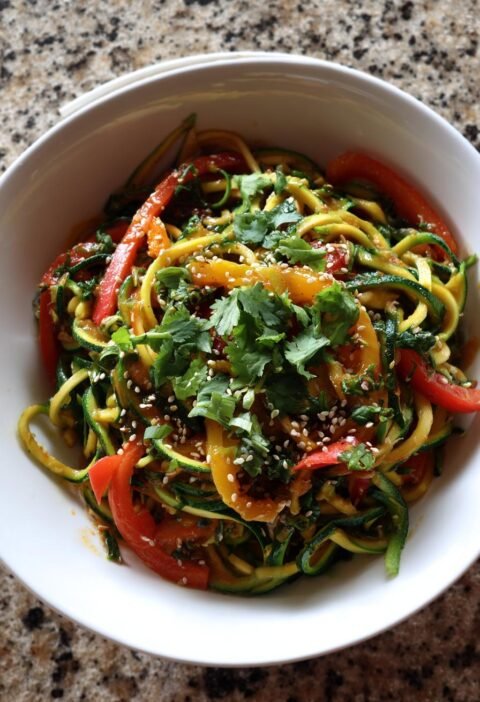 Zucchini noodle stir-fry with ginger, garlic, and sesame