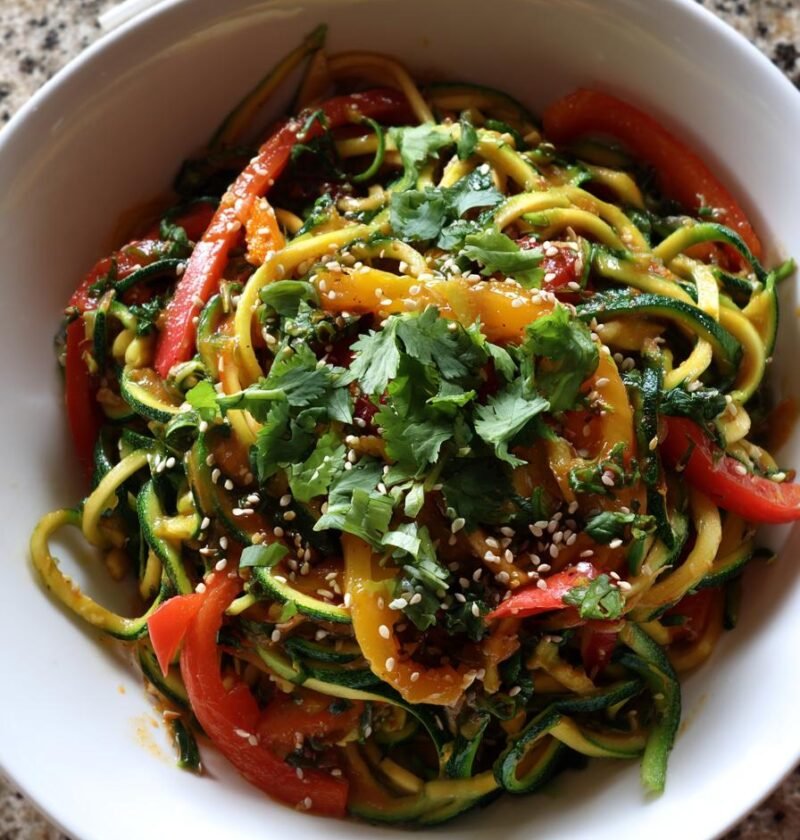 Zucchini noodle stir-fry with ginger, garlic, and sesame
