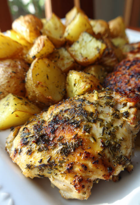 air fryer lemon garlic chicken with crispy potatoes