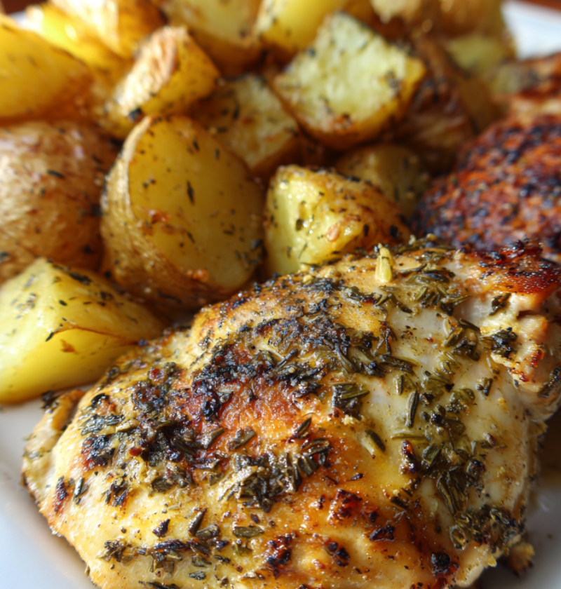 air fryer lemon garlic chicken with crispy potatoes