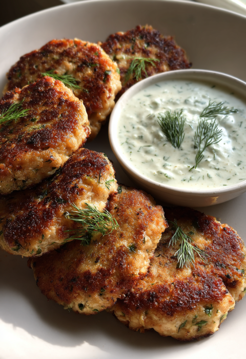gluten free salmon patties with dill yogurt dipping sauce