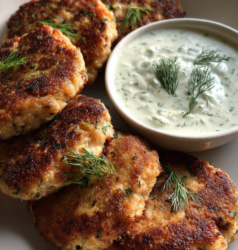 gluten free salmon patties with dill yogurt dipping sauce