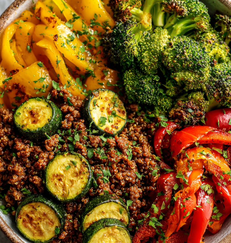 high protein ground beef quinoa bowls with roasted vegetables