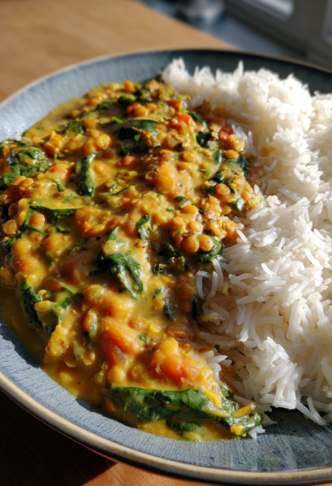 vegan lentil coconut curry with spinach and basmati rice