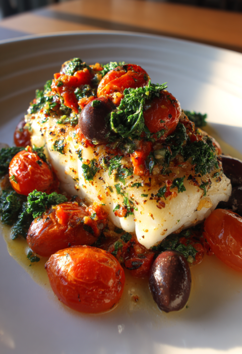 Baked cod olive tomato