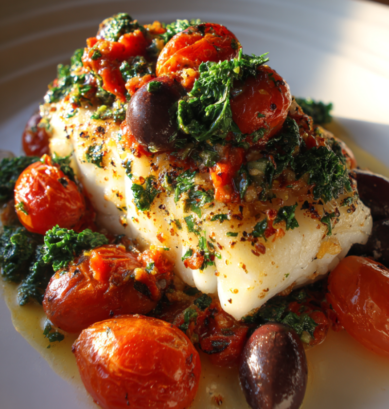 Baked cod olive tomato