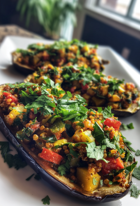 Healthy stuffed eggplant boats