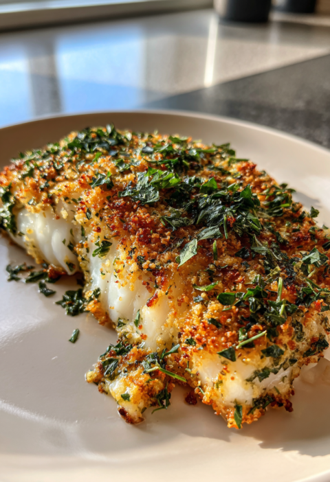 Herb crusted baked haddock
