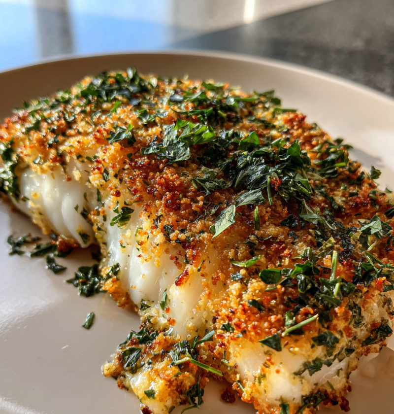 Herb crusted baked haddock