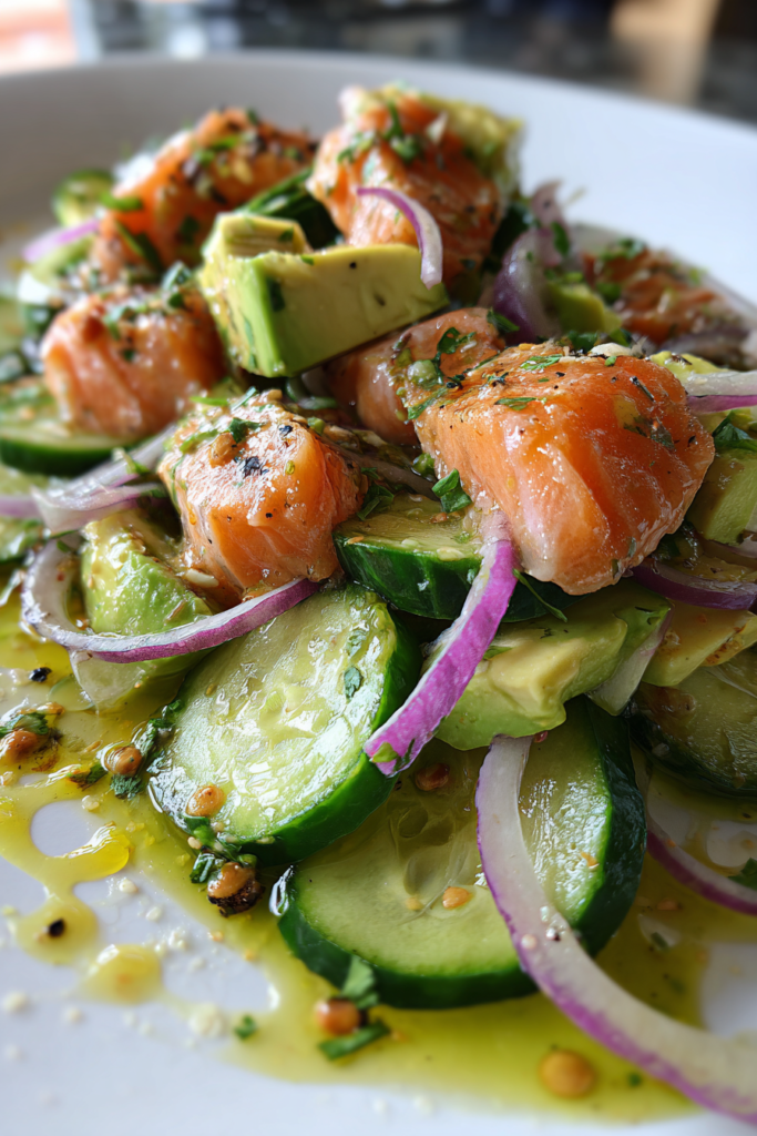 Salmon cucumber avocado salad